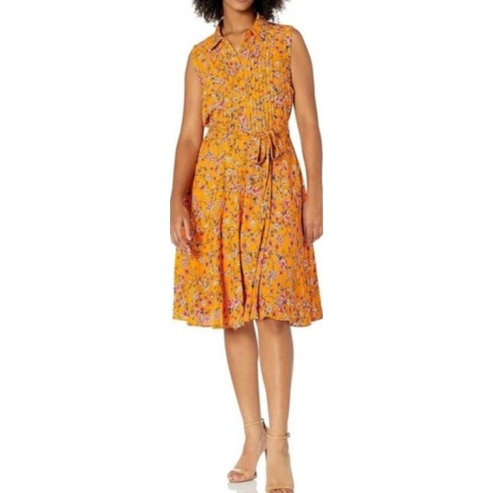 Nanette Lepore Sleeveless Dress Womens 8 Orange Floral Belted Button Up Summer